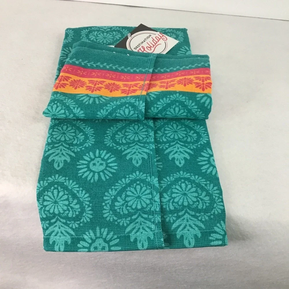 Day of Dead Pair of Kitchen Towels Deep‎ Teal Flame Heart Destination Holiday
